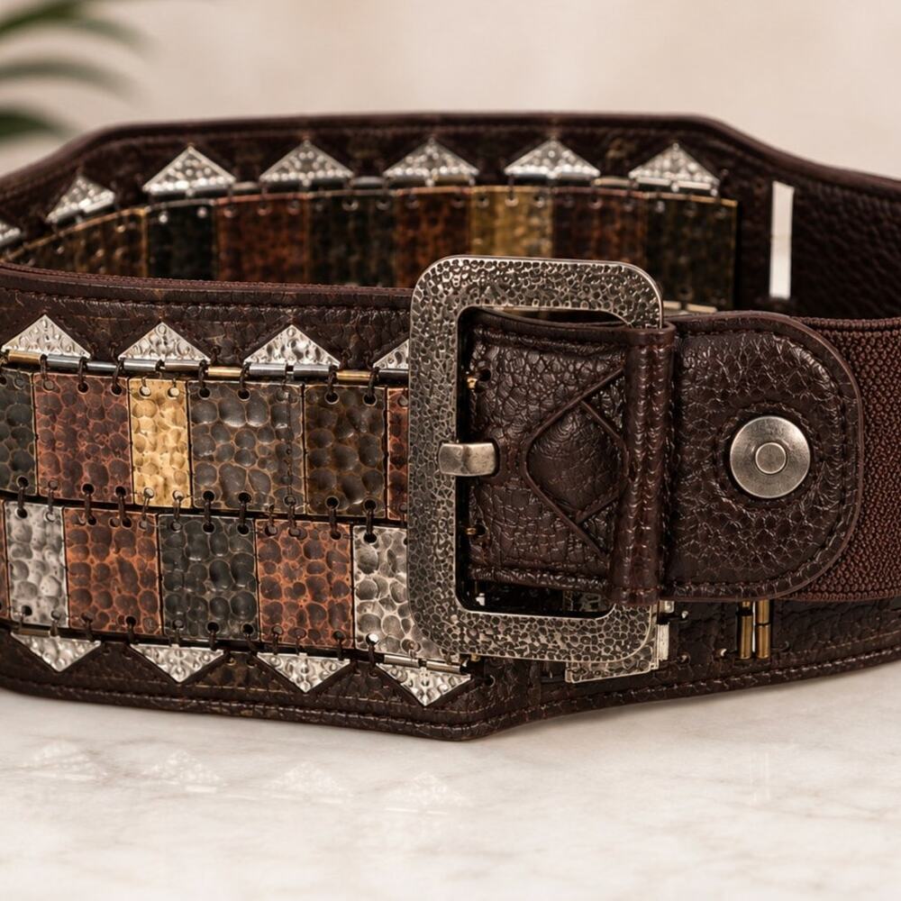 Chico's NWT Artisan Hammered Mixed Metal Stretch Belt Brown Leather Size 3 M